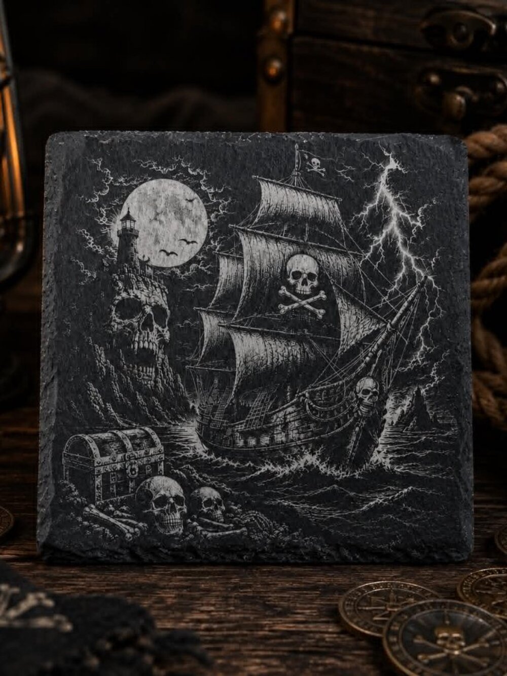 🏴☠️ Dark Pirate Ship Slate Coaster- Set of 2